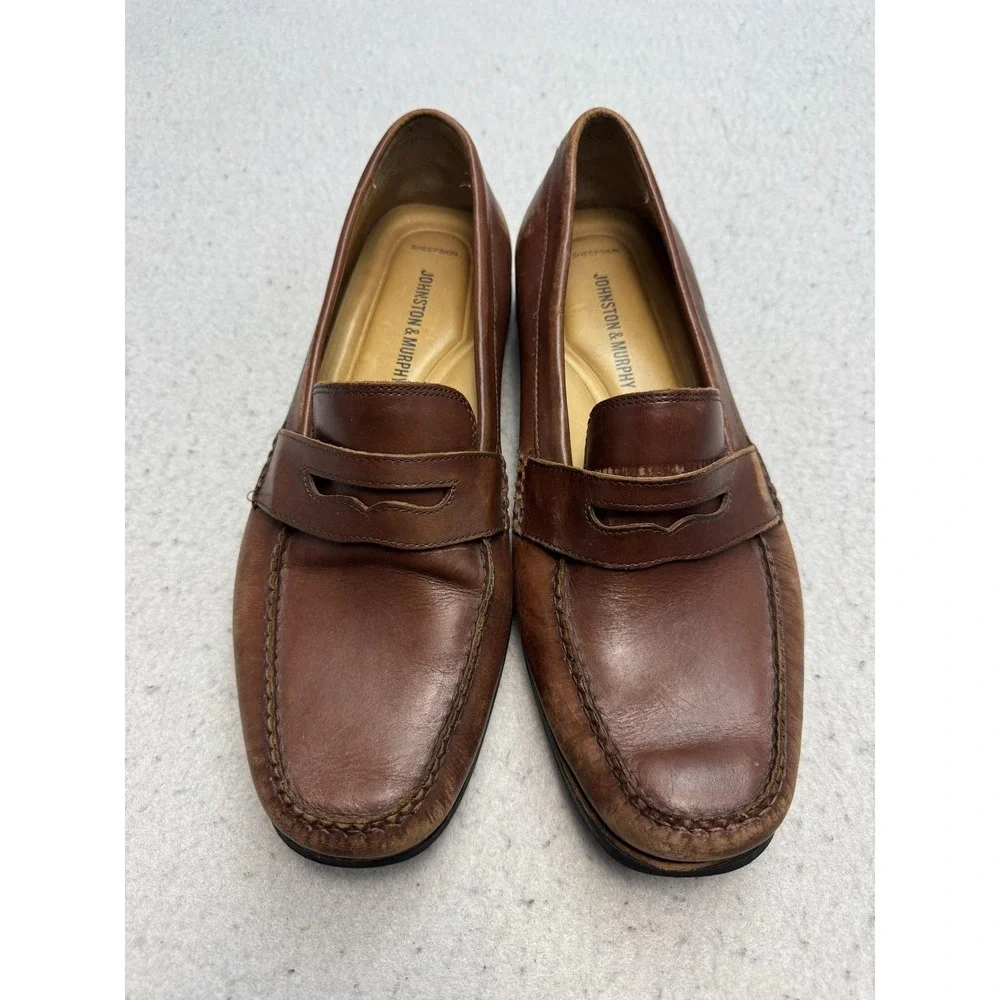 Johnston & Murphy Shoes Mens Size 10 Brown Leather Loafers Square Toe Slip On